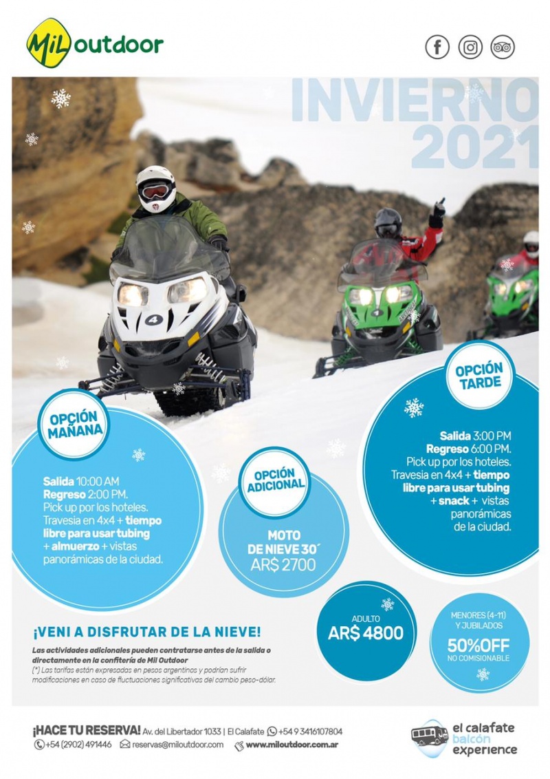 Mil outdoor Adventure Calafate Balcón + moto de nieve +tubbing Mil outdoor Adventure Calafate Balcón + moto de nieve +tubbing